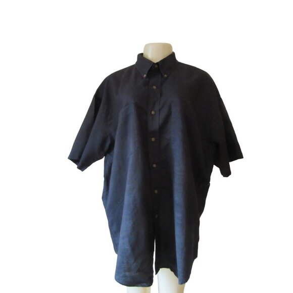 Vintage Men's Ramie Blend Black Short Sleeve Button Down Shirt in Size XLarge